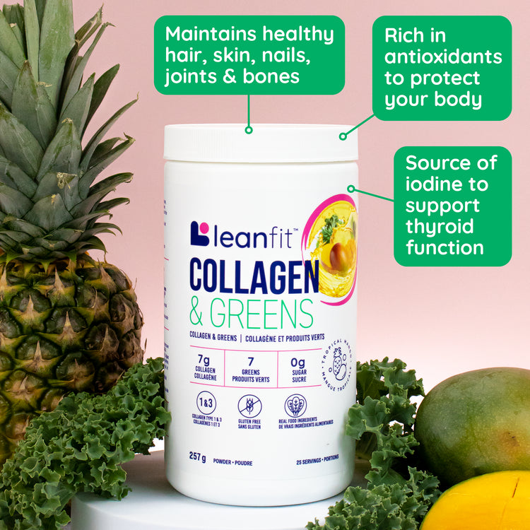Benefits of LEANFIT Collagen & Greens — maintains healthy hair, skin, nails, joints, and bones; antioxidants; source of iodine to support thyroid function