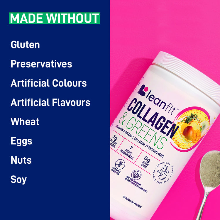 LEANFIT Collagen & Greens — made without gluten, preservatives, artificial colours or flavours, wheat, eggs, nuts, or soy
