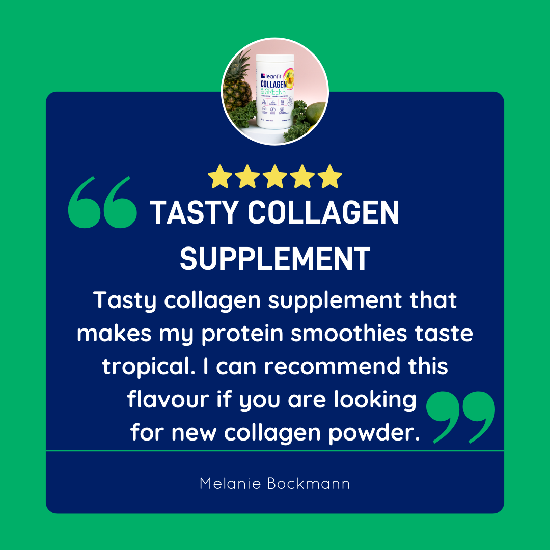 Customer review of LEANFIT Collagen & Greens: “Tasty collagen supplement with a tropical flavour—great in smoothies.”