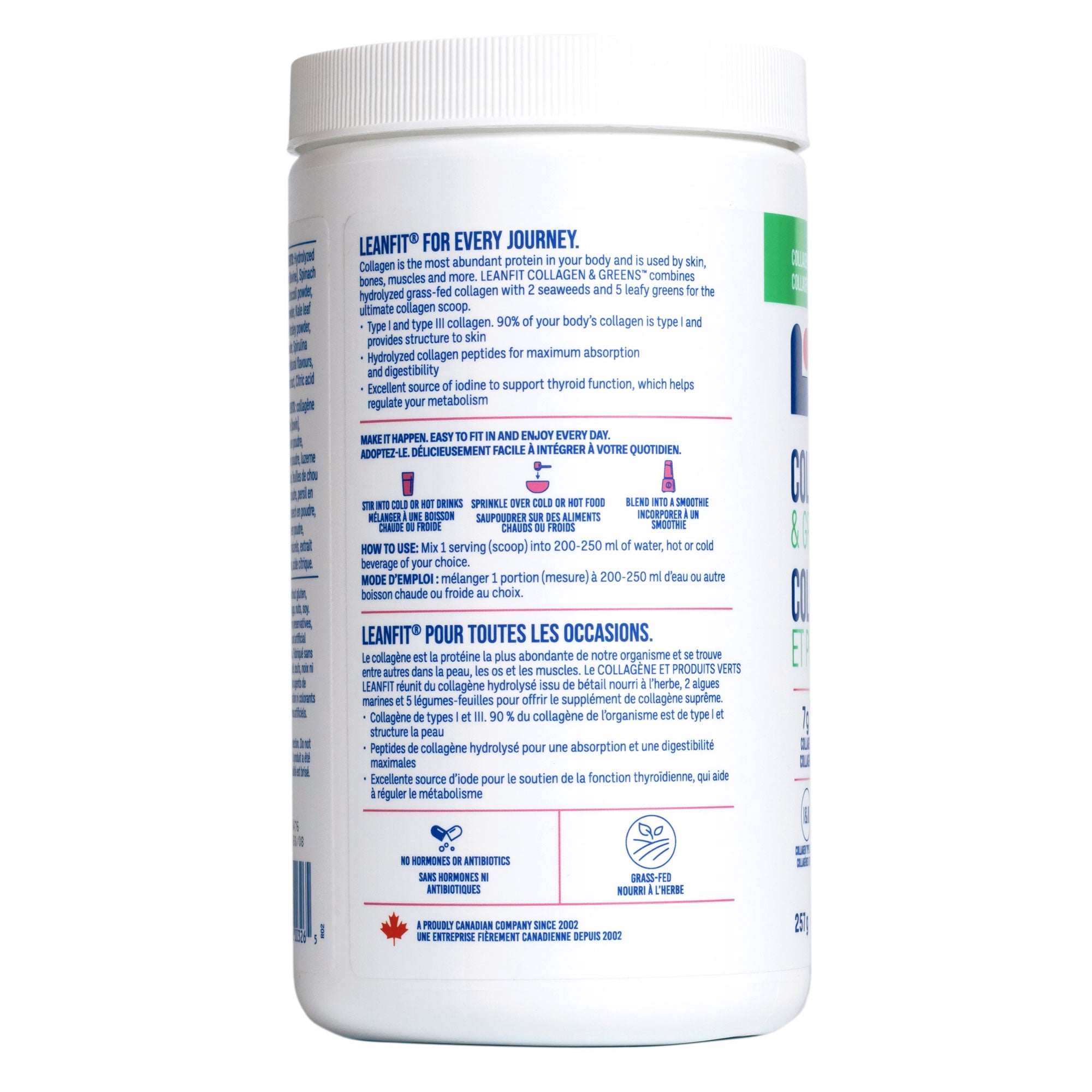 White supplement container with blue text on a white background