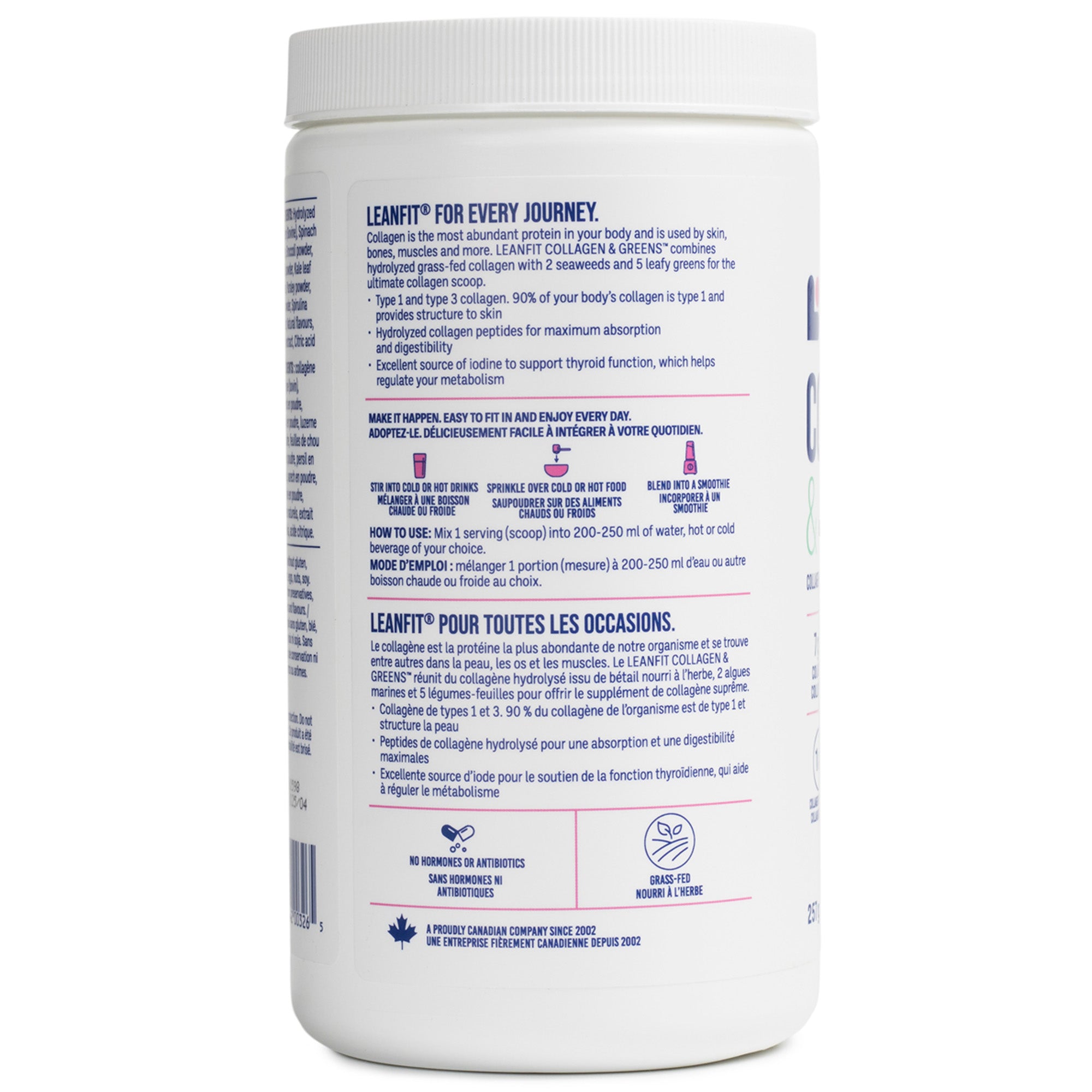 Side left label with directions and product details for LEANFIT Collagen & Greens