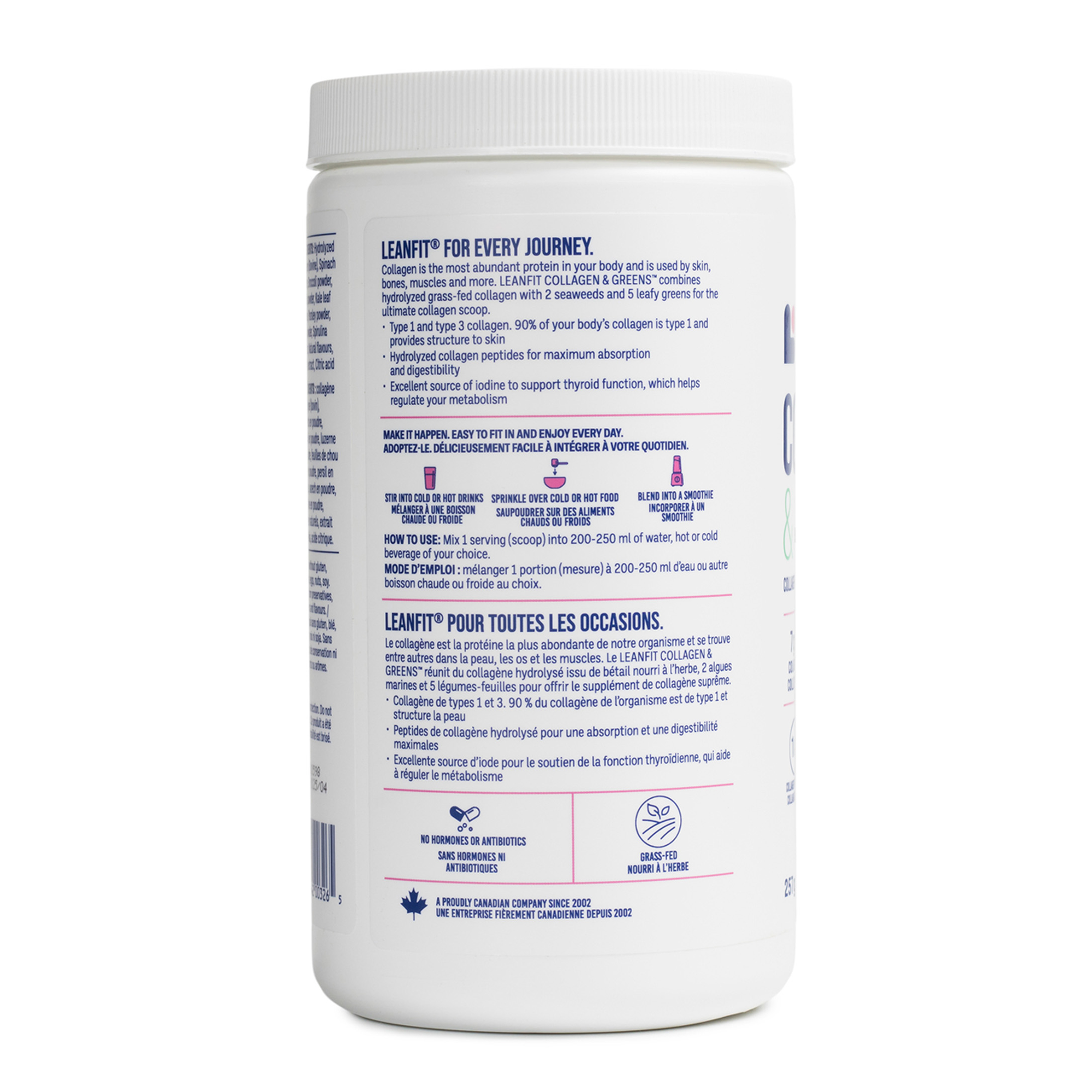 White supplement container with blue text on a white background