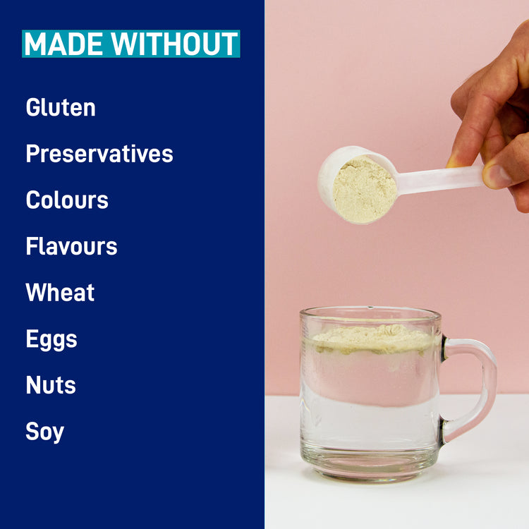 LEANFIT Collagen & Gut — made without gluten, preservatives, artificial colours or flavours, wheat, eggs, nuts, or soy; scoop mixing into a mug