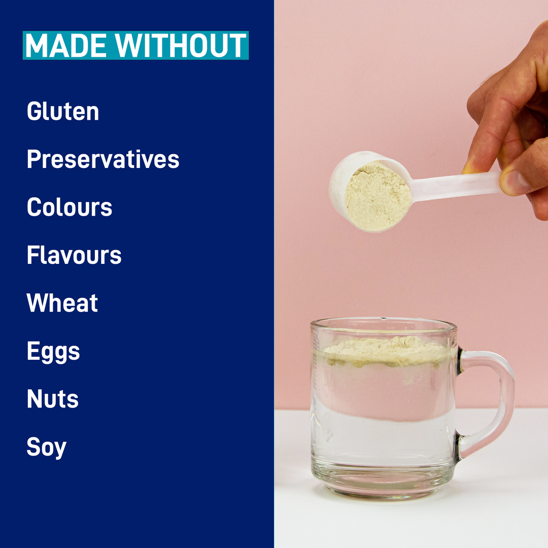 LEANFIT Collagen & Gut — made without gluten, preservatives, artificial colours or flavours, wheat, eggs, nuts, or soy; scoop mixing into a mug