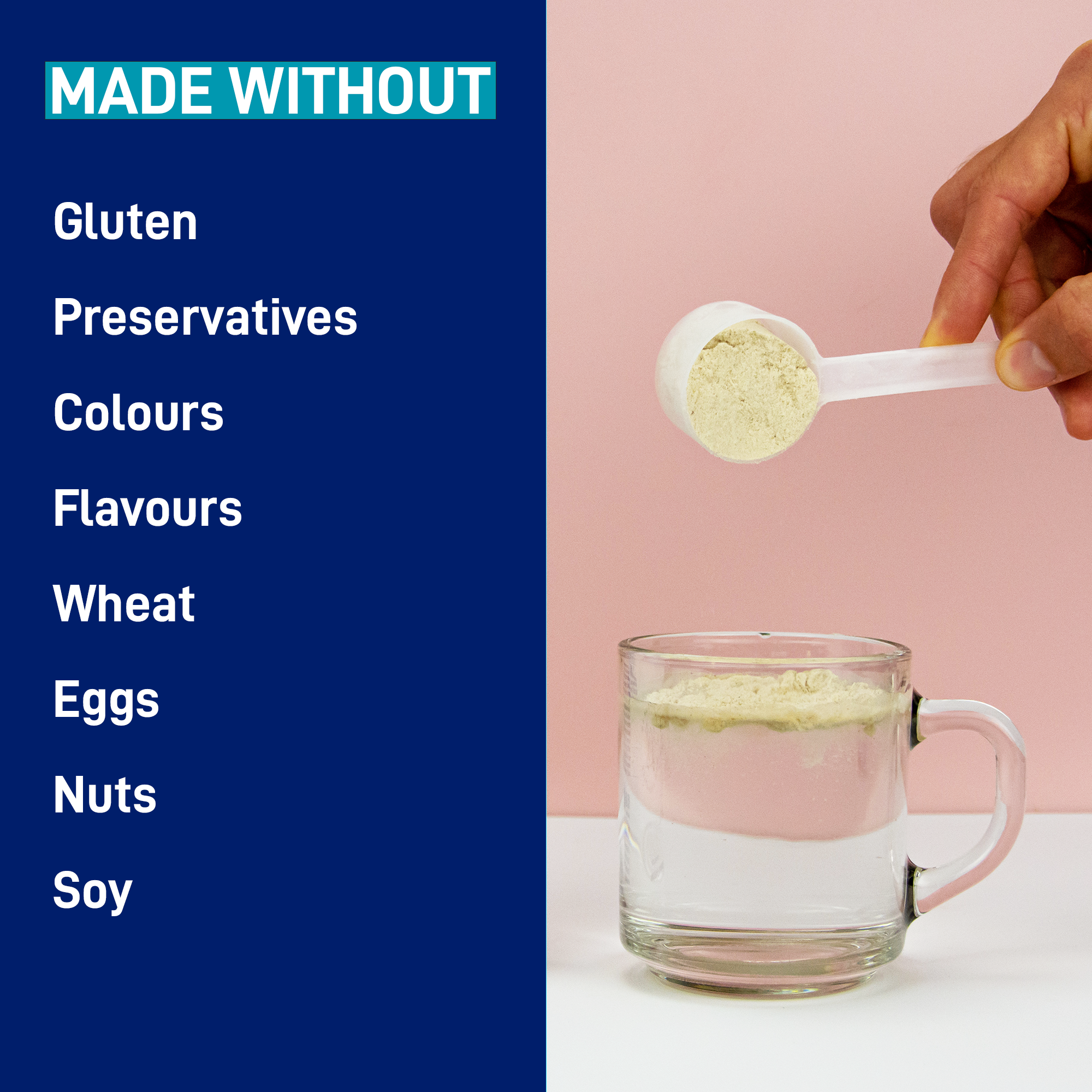 LEANFIT Collagen & Gut — made without gluten, preservatives, artificial colours or flavours, wheat, eggs, nuts, or soy; scoop mixing into a mug