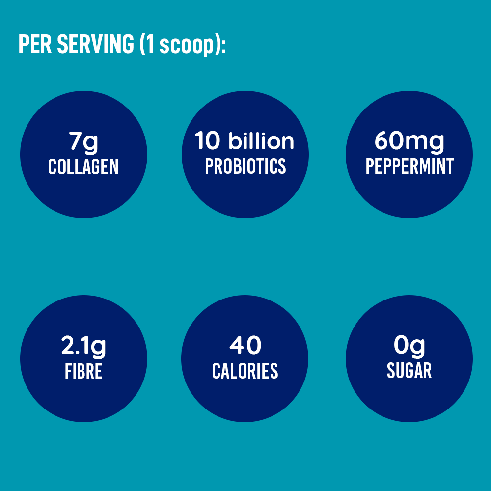 Per serving key benefits of LEANFIT Collagen & Gut — 7 g collagen, 10 billion probiotics, 60 mg peppermint, 2.1 g fibre, 40 calories, 0 g sugar