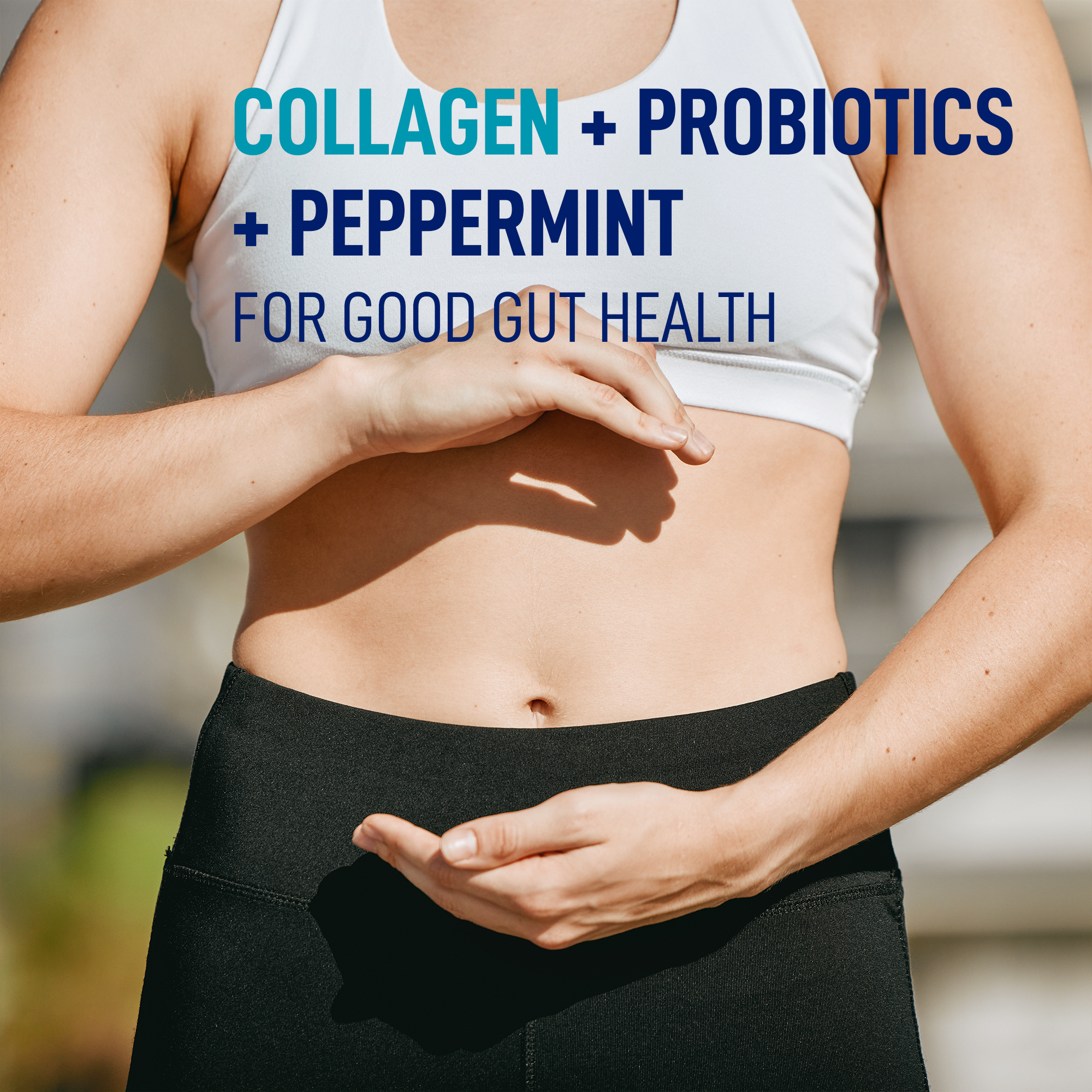 Lifestyle image highlighting “Collagen + Probiotics + Peppermint” for good gut health