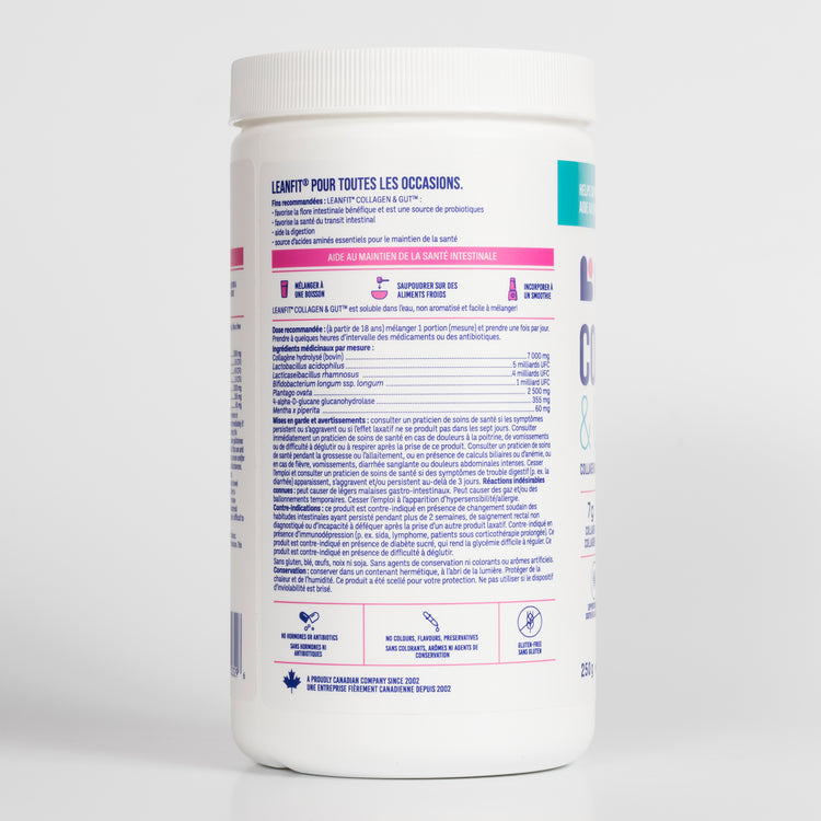 Side left label with directions and medicinal ingredients for LEANFIT Collagen & Gut