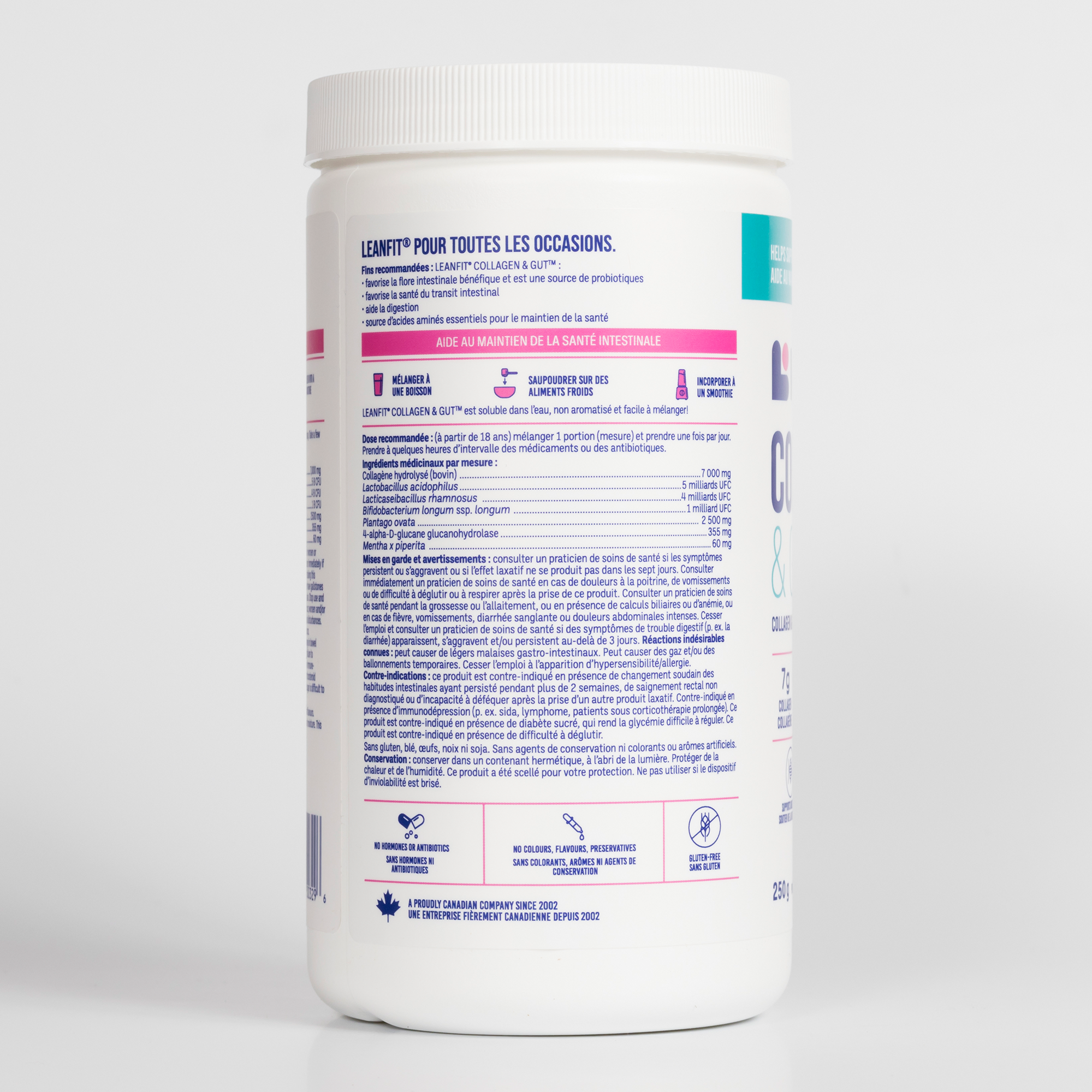 Side left label with directions and medicinal ingredients for LEANFIT Collagen & Gut