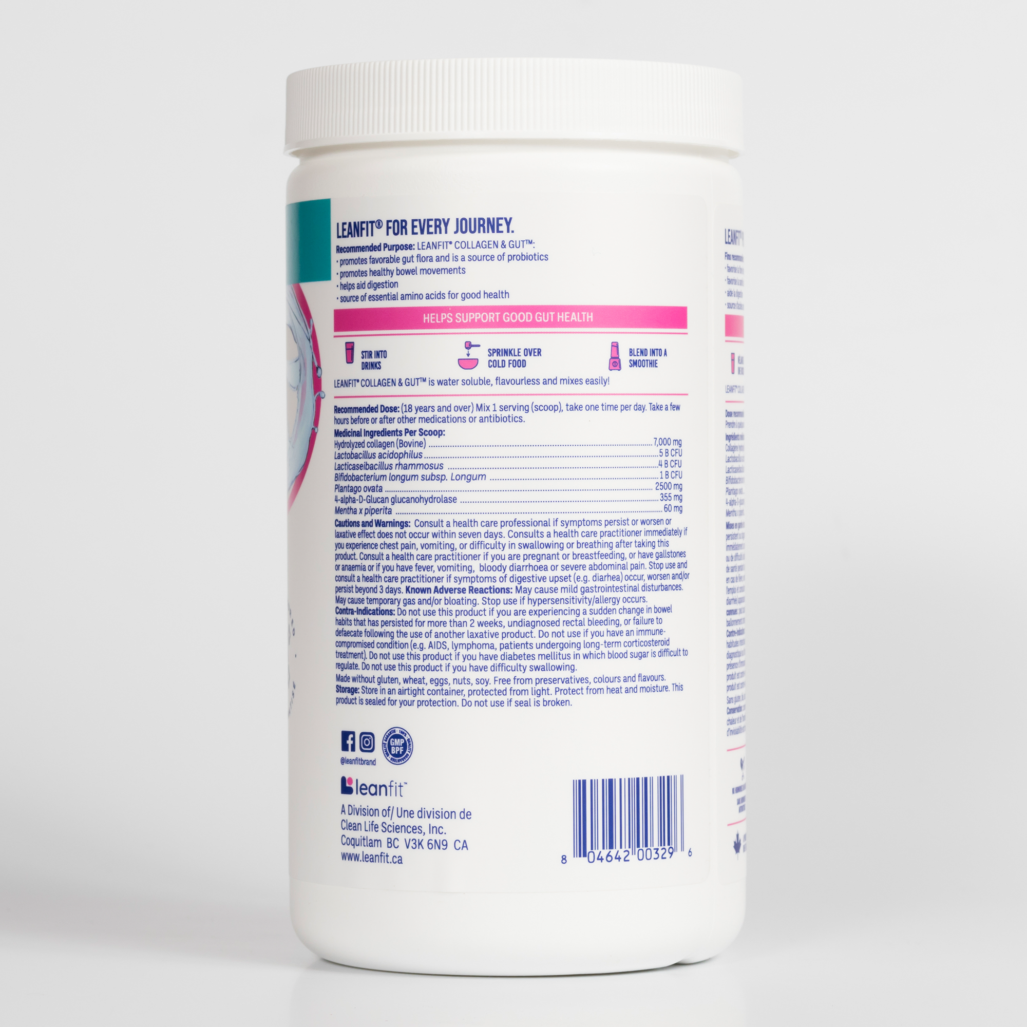 Side right label and additional product details for LEANFIT Collagen & Gut