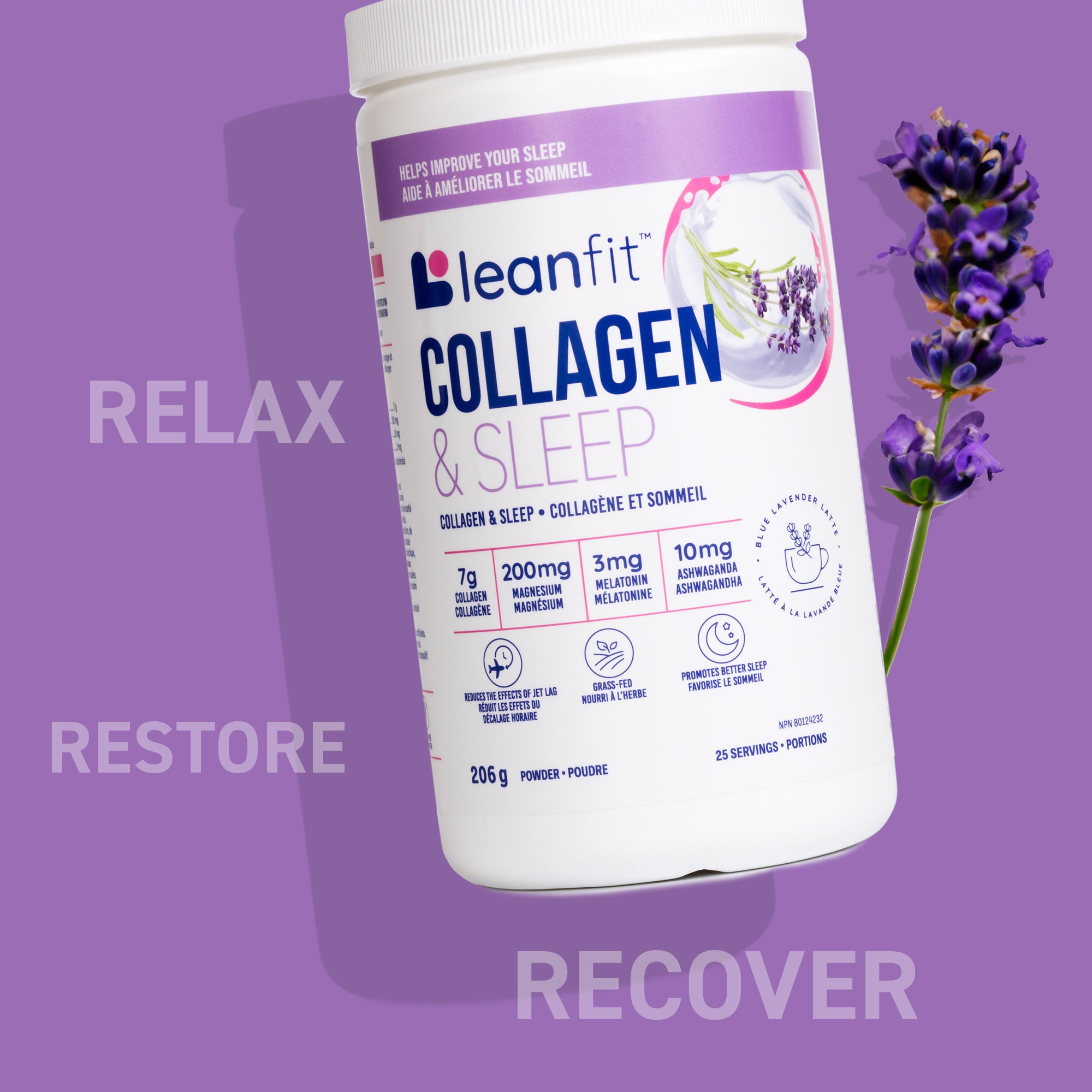 LEANFIT Collagen & Sleep hero on purple with lavender — relax, restore, recover