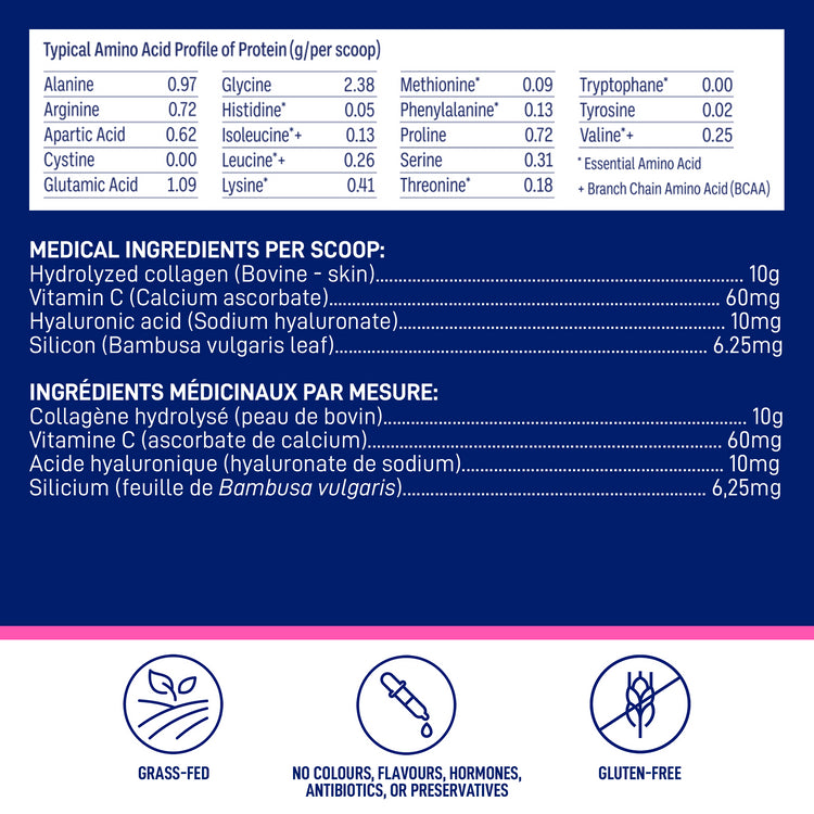 Ingredients for LEANFIT Hydrolyzed Collagen 1 kg — collagen peptides with vitamin C and hyaluronic acid; nutrition facts
