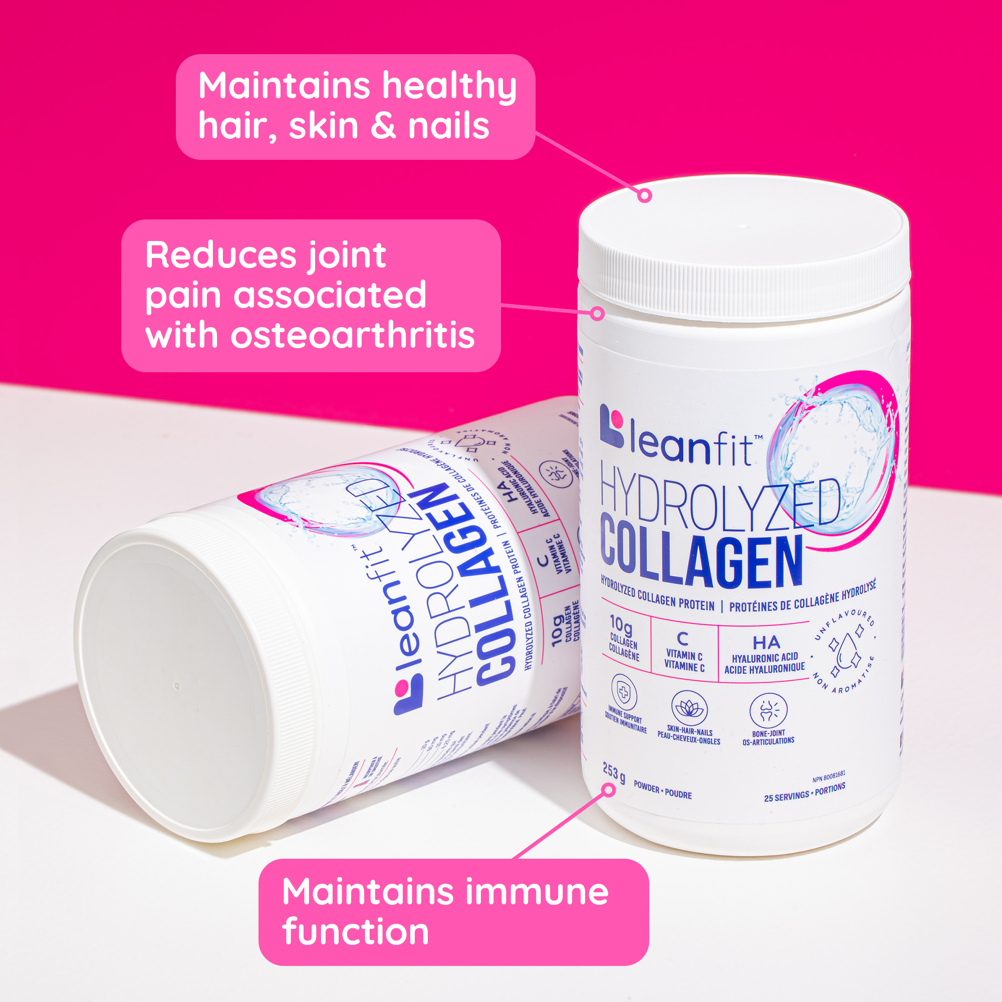 Benefits of LEANFIT Hydrolyzed Collagen — helps maintain healthy hair, skin & nails; supports joints and immune function