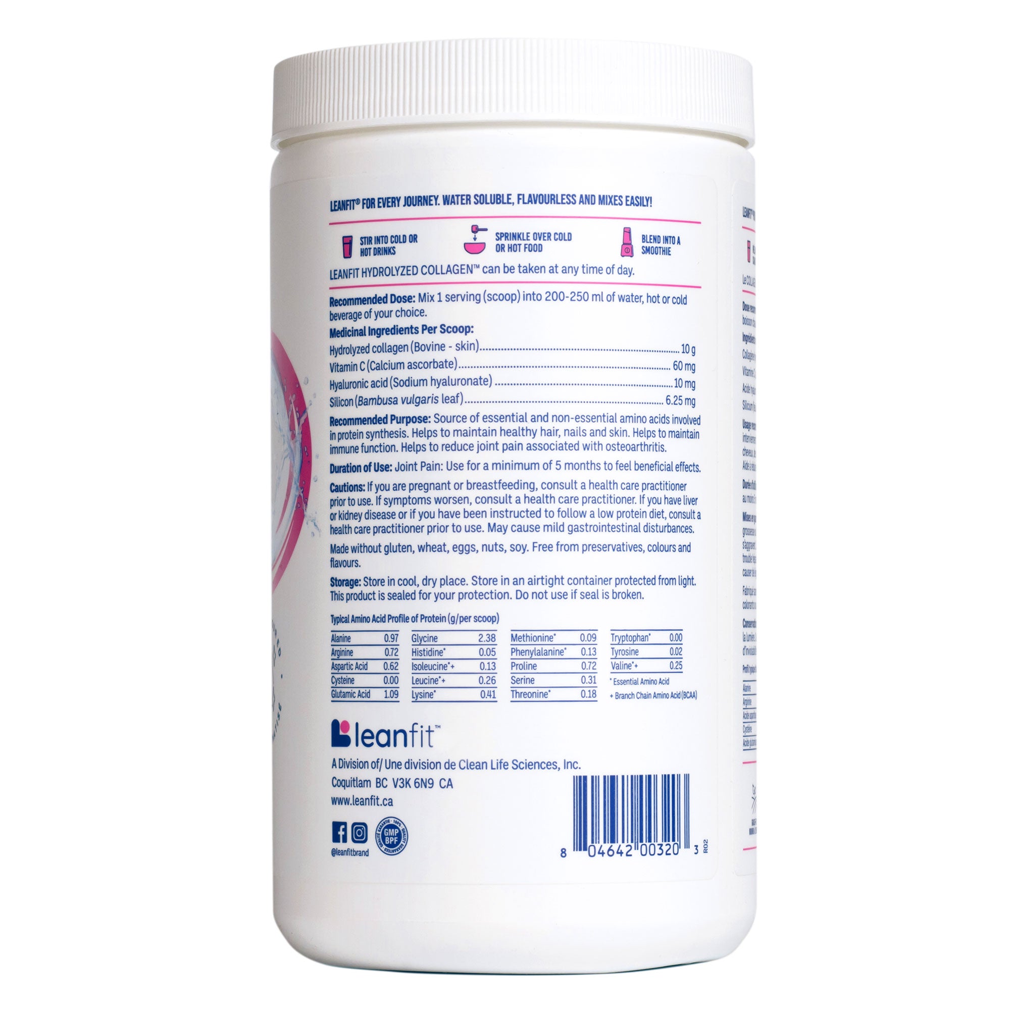 Back label — directions, supplement facts, and storage info for LEANFIT Hydrolyzed Collagen