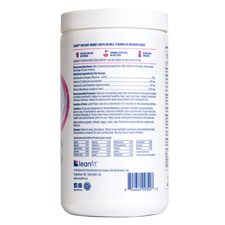 Back label — directions, supplement facts, and storage info for LEANFIT Hydrolyzed Collagen