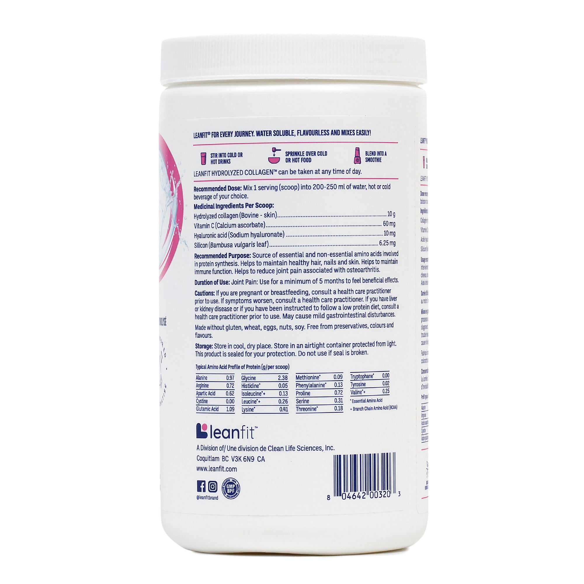 Back label — directions, supplement facts, and storage info for LEANFIT Hydrolyzed Collagen