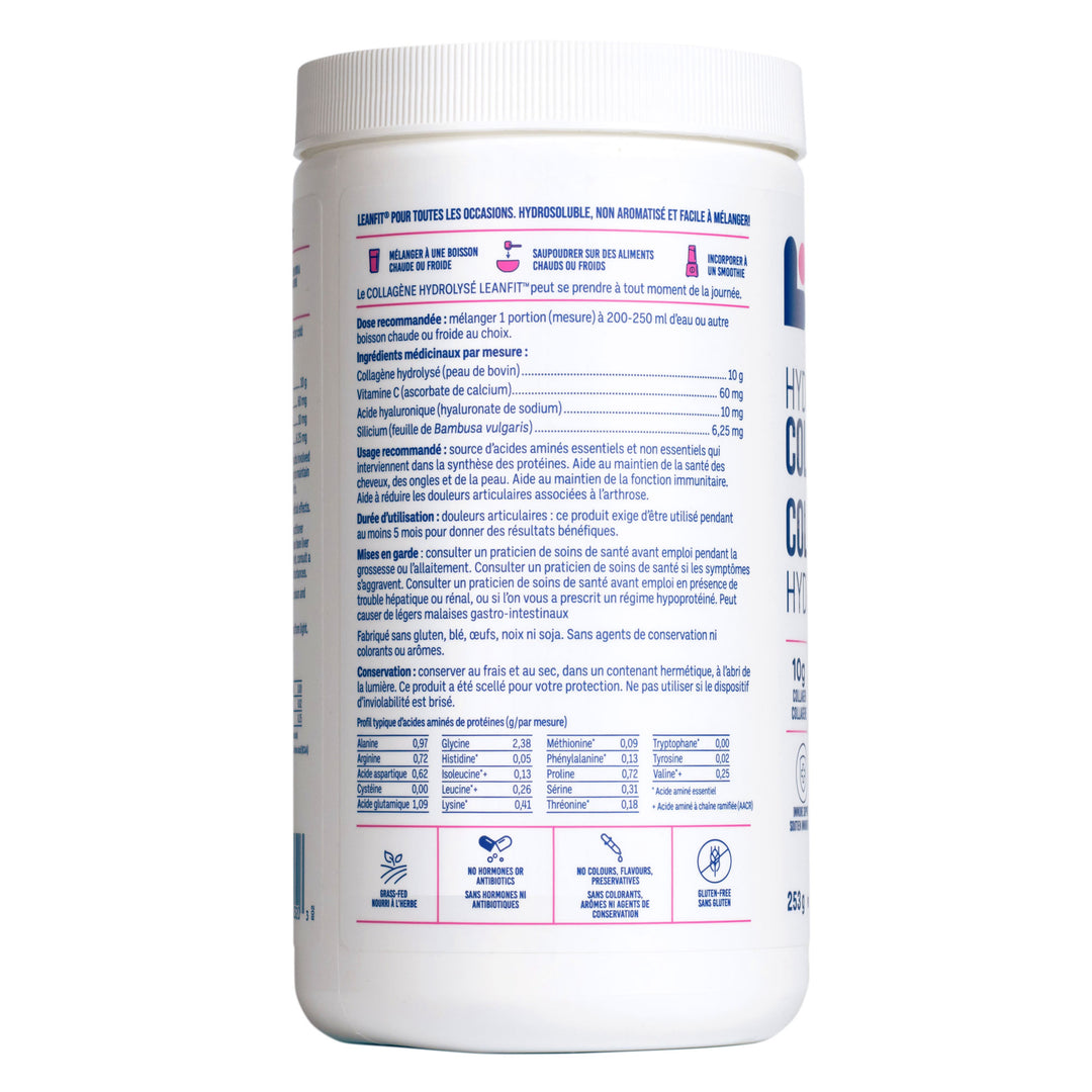 Side panel with additional product details and barcode for LEANFIT Hydrolyzed Collagen