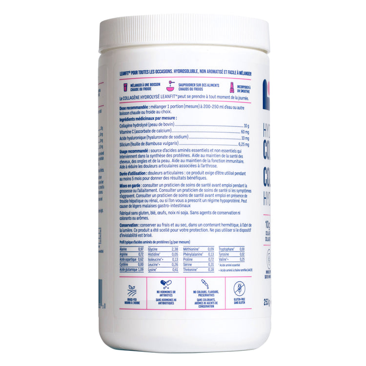 Side panel with additional product details and barcode for LEANFIT Hydrolyzed Collagen