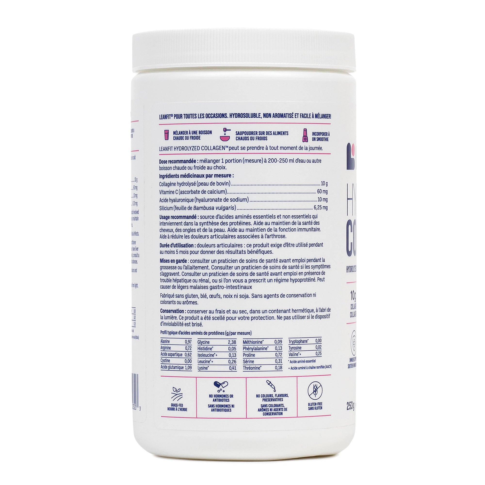 Side panel with additional product details and barcode for LEANFIT Hydrolyzed Collagen