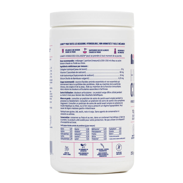 Side panel with additional product details and barcode for LEANFIT Hydrolyzed Collagen