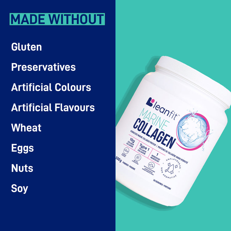 LEANFIT Marine Collagen — made without gluten, preservatives, artificial colours or flavours, wheat, eggs, nuts, or soy
