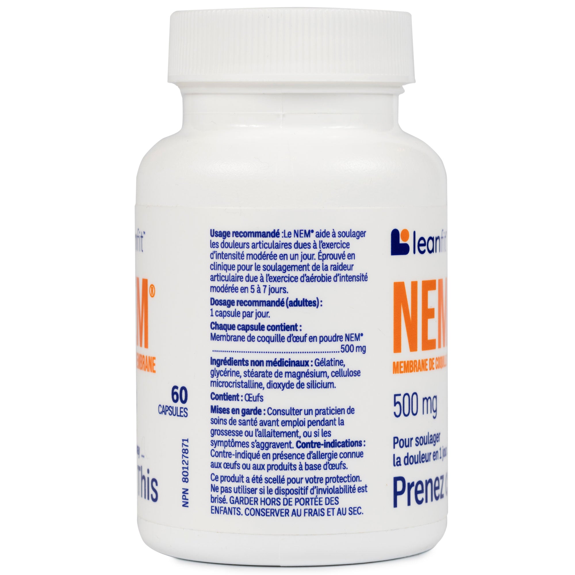 Back label with supplement facts, lot and expiry — LEANFIT NEM® 500 mg (60 capsules)
