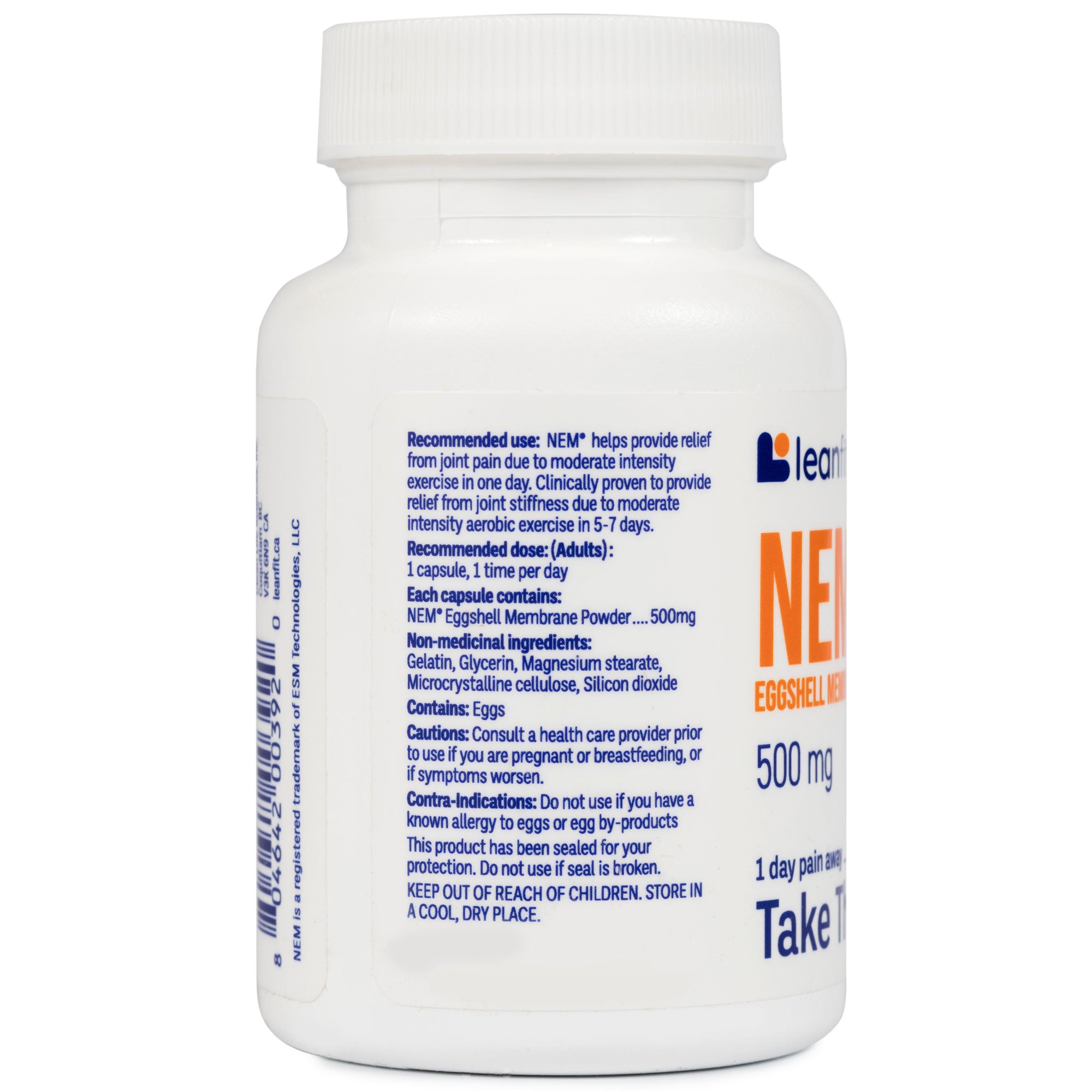 Side panel with directions and warnings — LEANFIT NEM® Eggshell Membrane 500 mg
