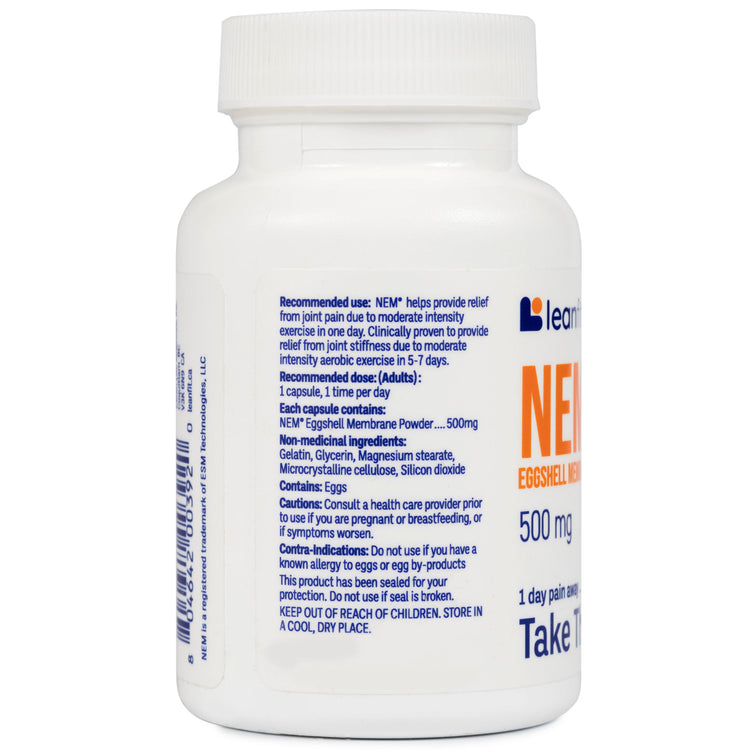 Side panel with directions and warnings — LEANFIT NEM® Eggshell Membrane 500 mg
