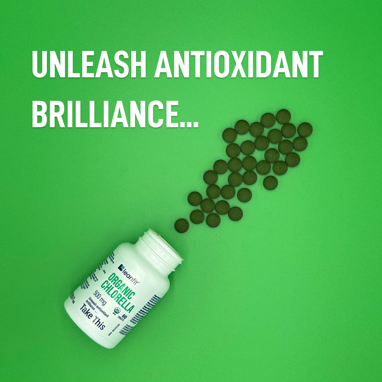 Unleash antioxidant brilliance — Organic Chlorella tablets and bottle on green background
