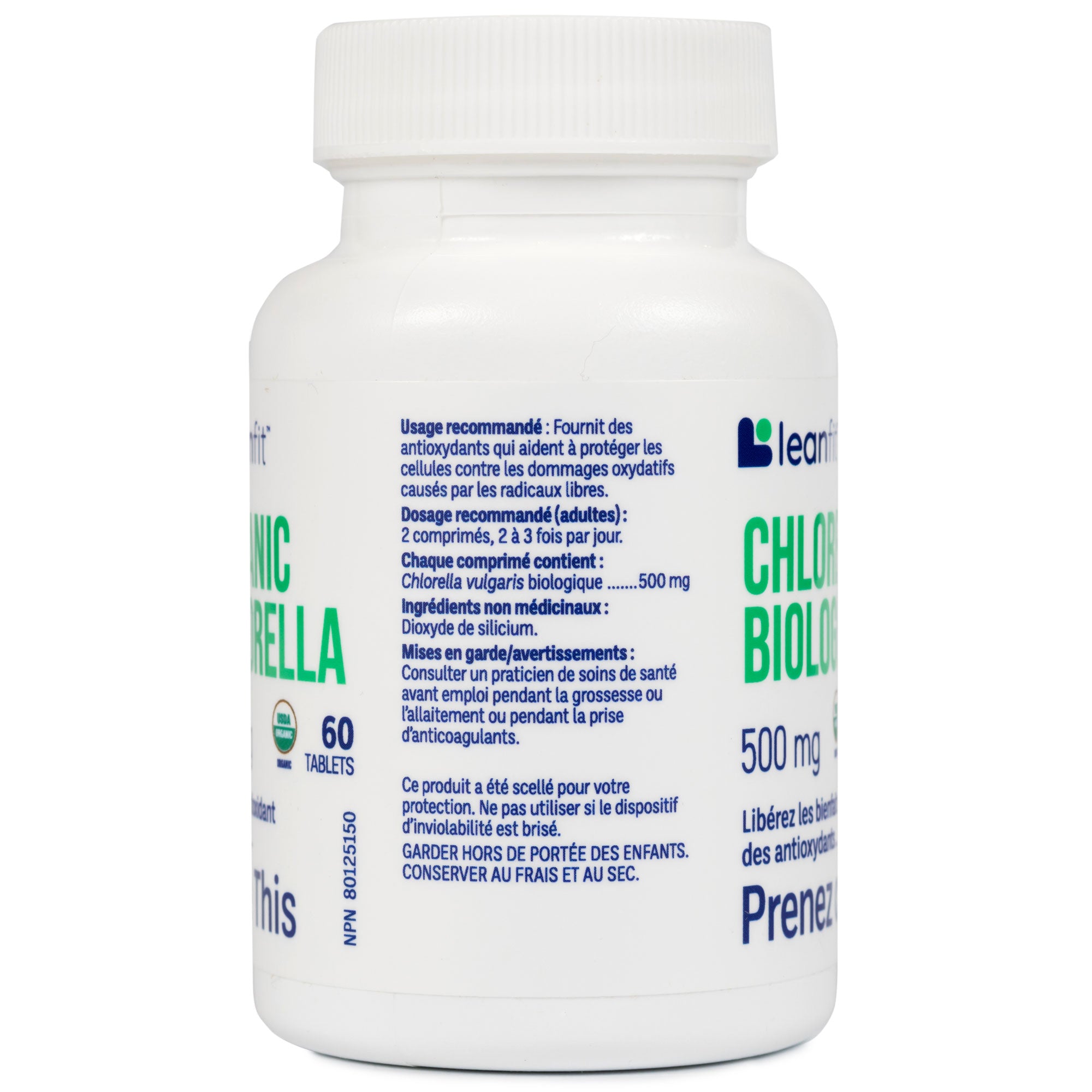 Back label with directions and facts — LEANFIT Organic Chlorella
