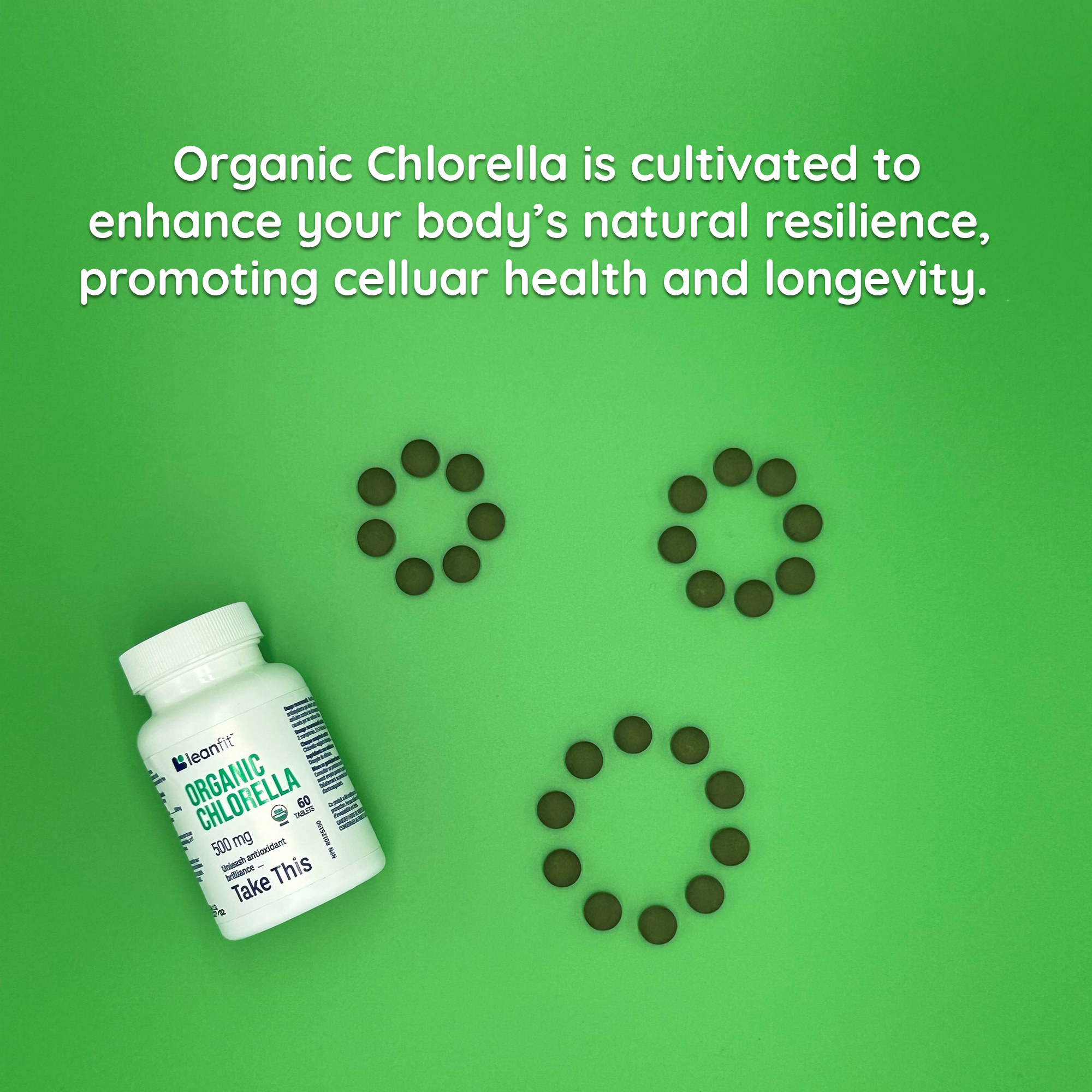 Organic chlorella cultivated to enhance natural resilience and promote cellular health & longevity
