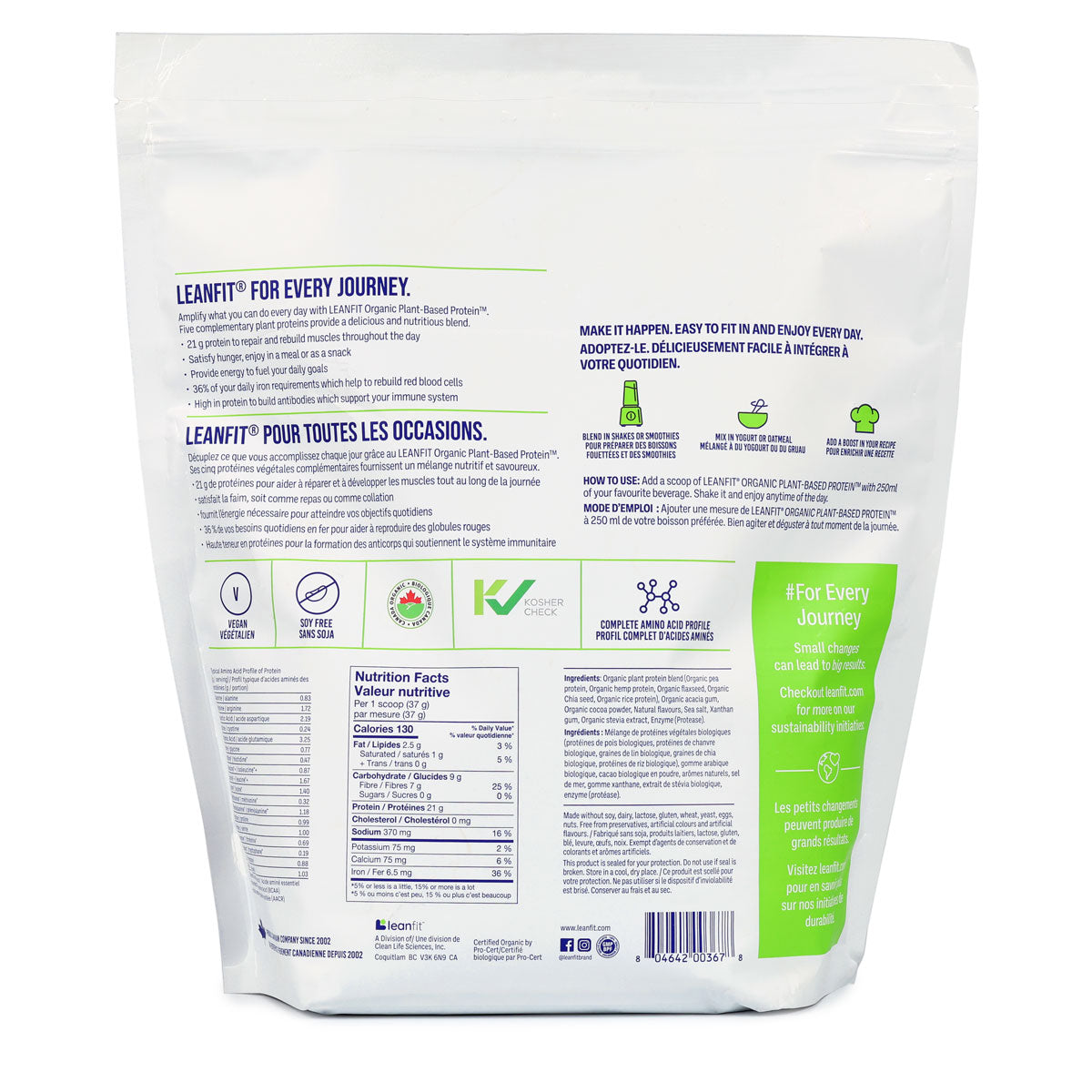 LEANFIT Organic Plant-Based Protein Powder in Chocolate Flavour – Back Label