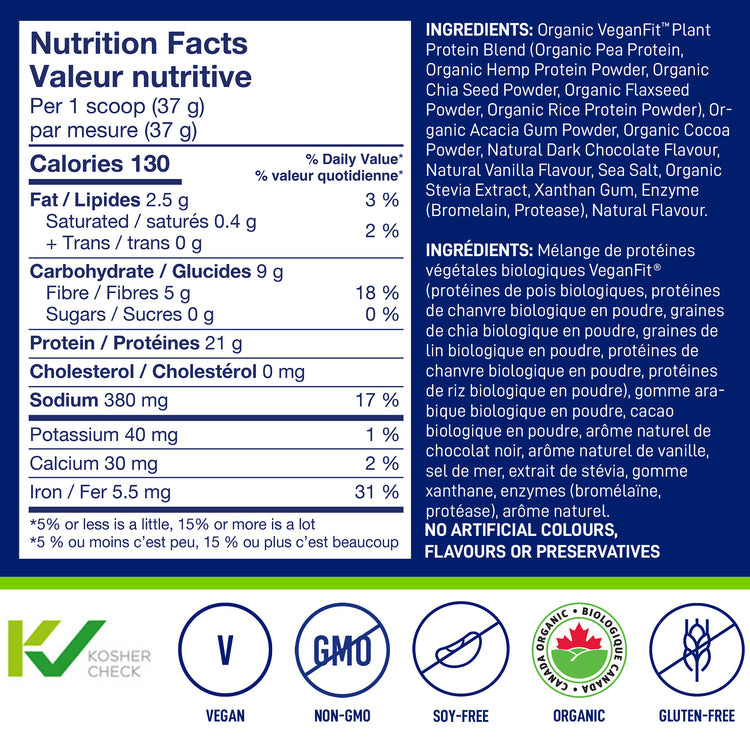 Nutrition facts label and ingredient list for a protein powder product.