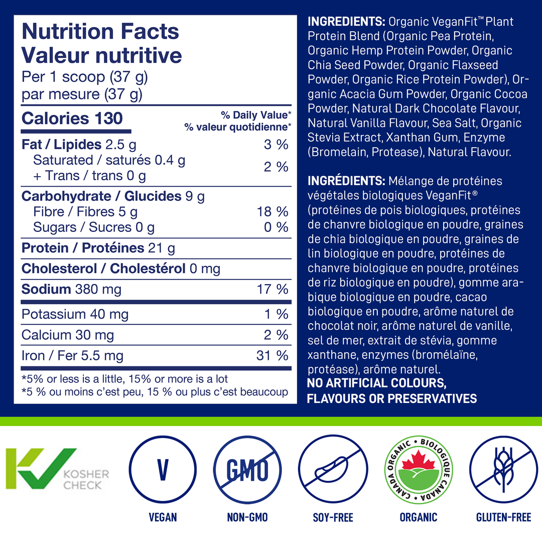 Nutrition facts label and ingredient list for a protein powder product.