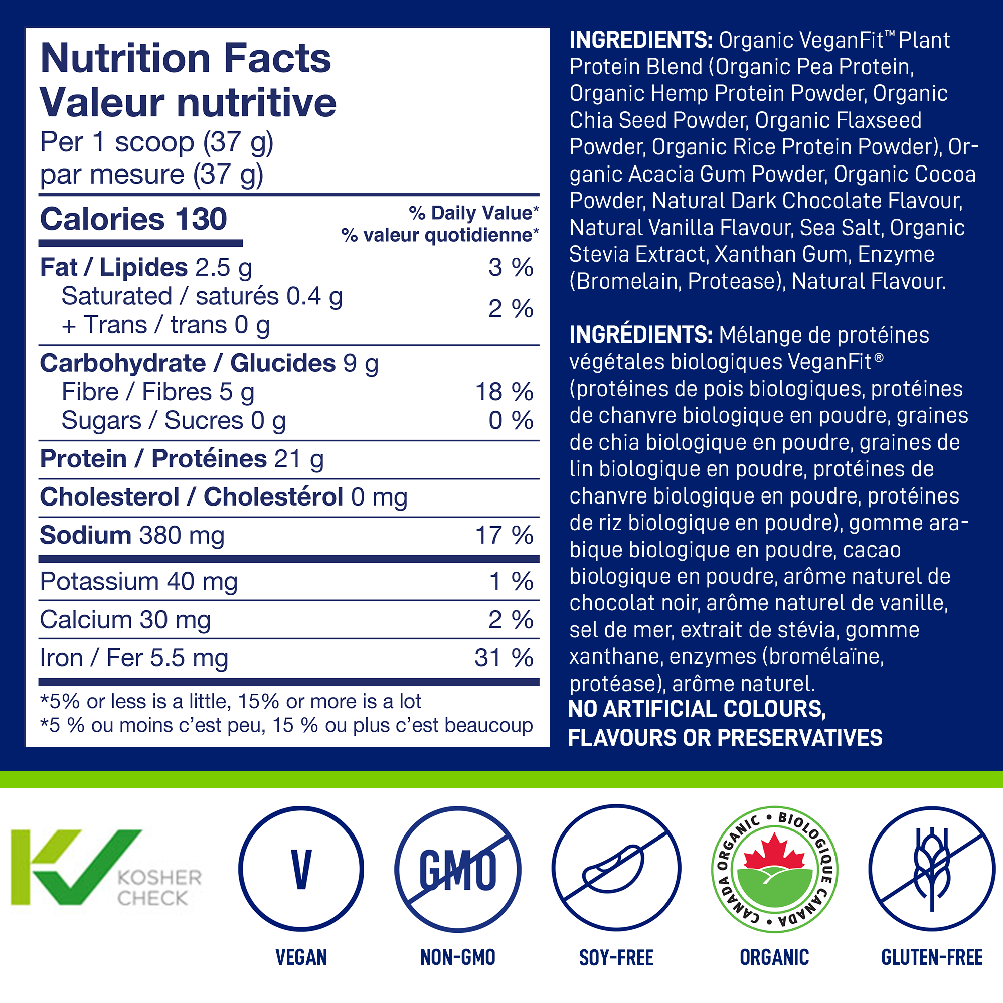 Nutrition facts label and ingredient list for a protein powder product.