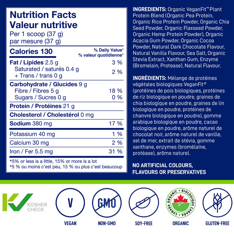 Nutrition Facts and Organic Ingredients for LEANFIT Chocolate Plant-Based Protein Powder