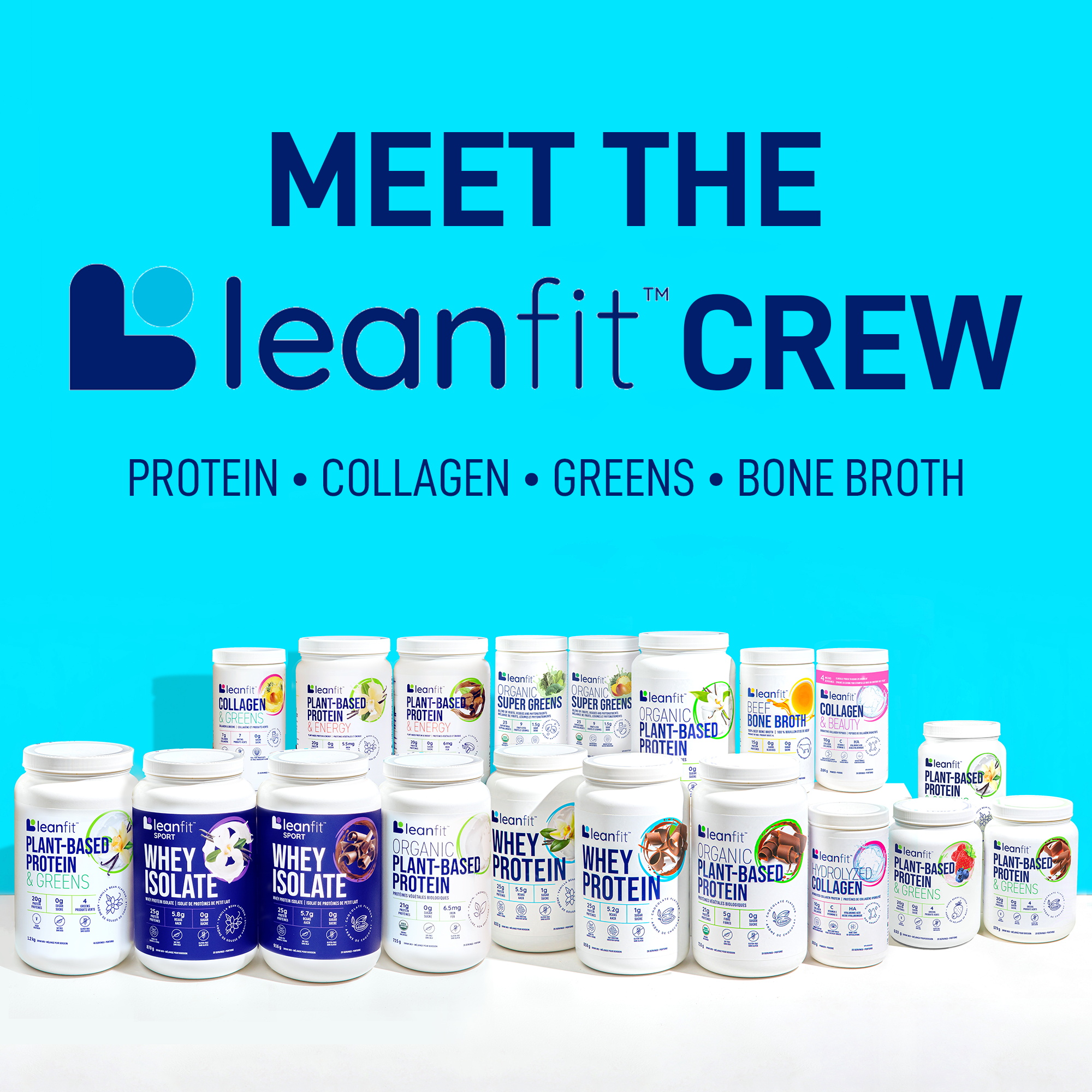 Full LEANFIT Protein Powder Lineup Including Whey, Organic Plant-Based, Collagen, Electrolytes, Bone Broth, and More