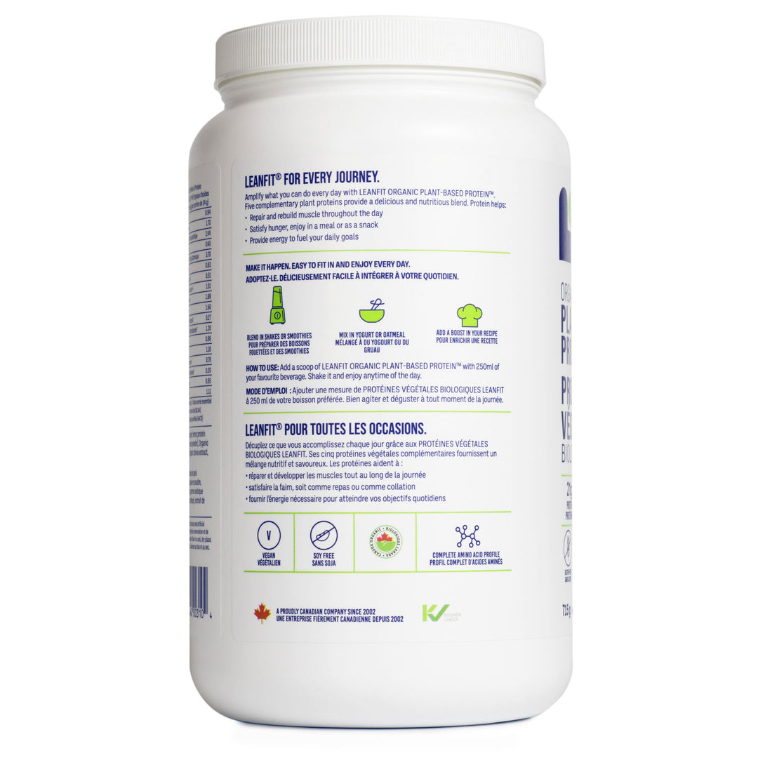 White protein powder container with label on a white background