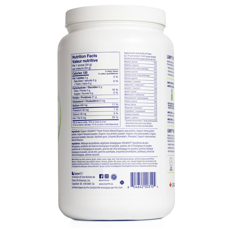 Nutrition label on a white supplement container