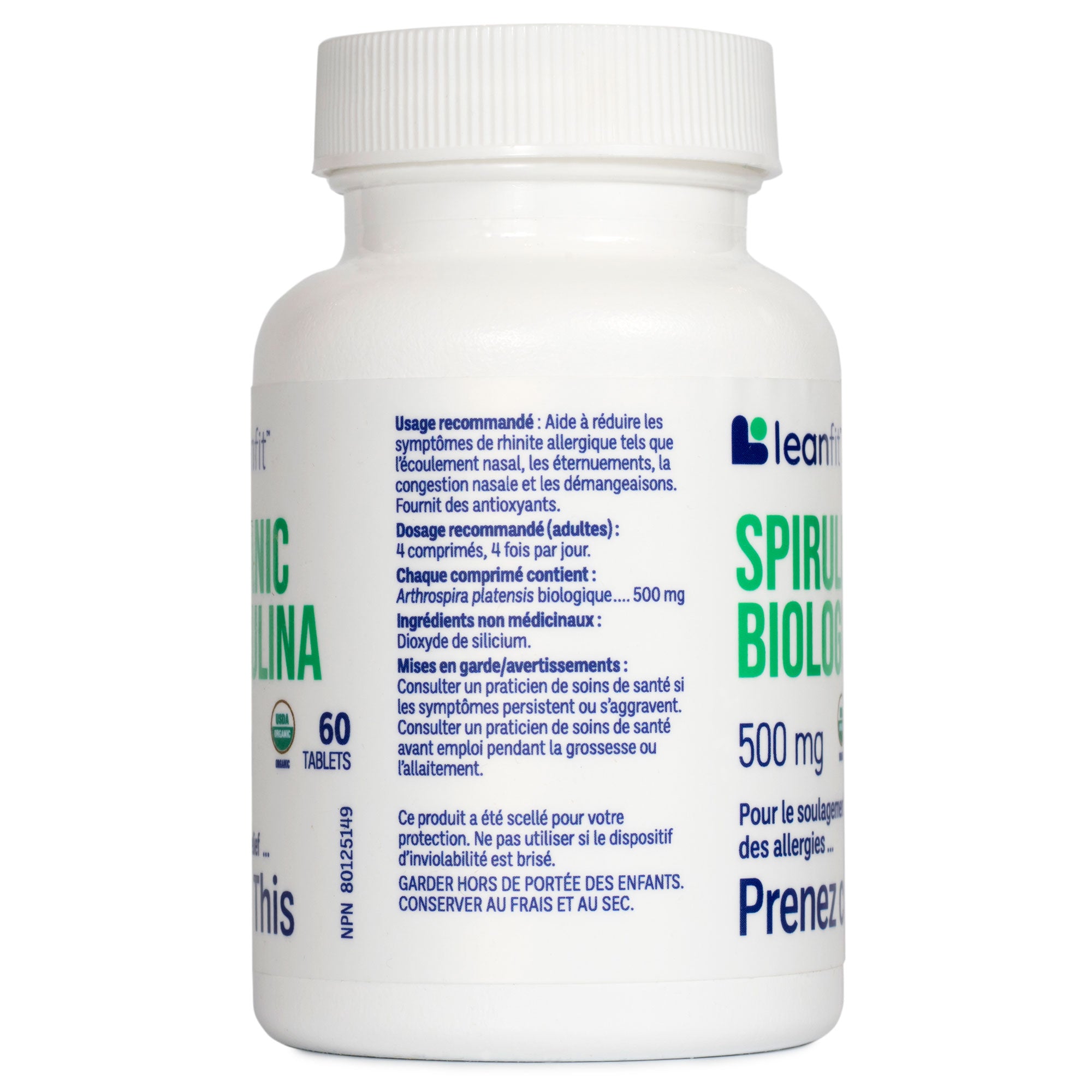 Back label with directions and facts — LEANFIT Organic Spirulina
