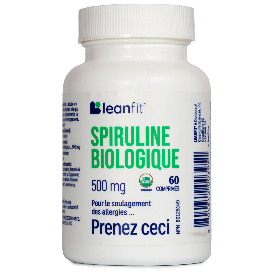 Spiruline biologique 500 mg — French label bottle (LEANFIT Organic Spirulina)
