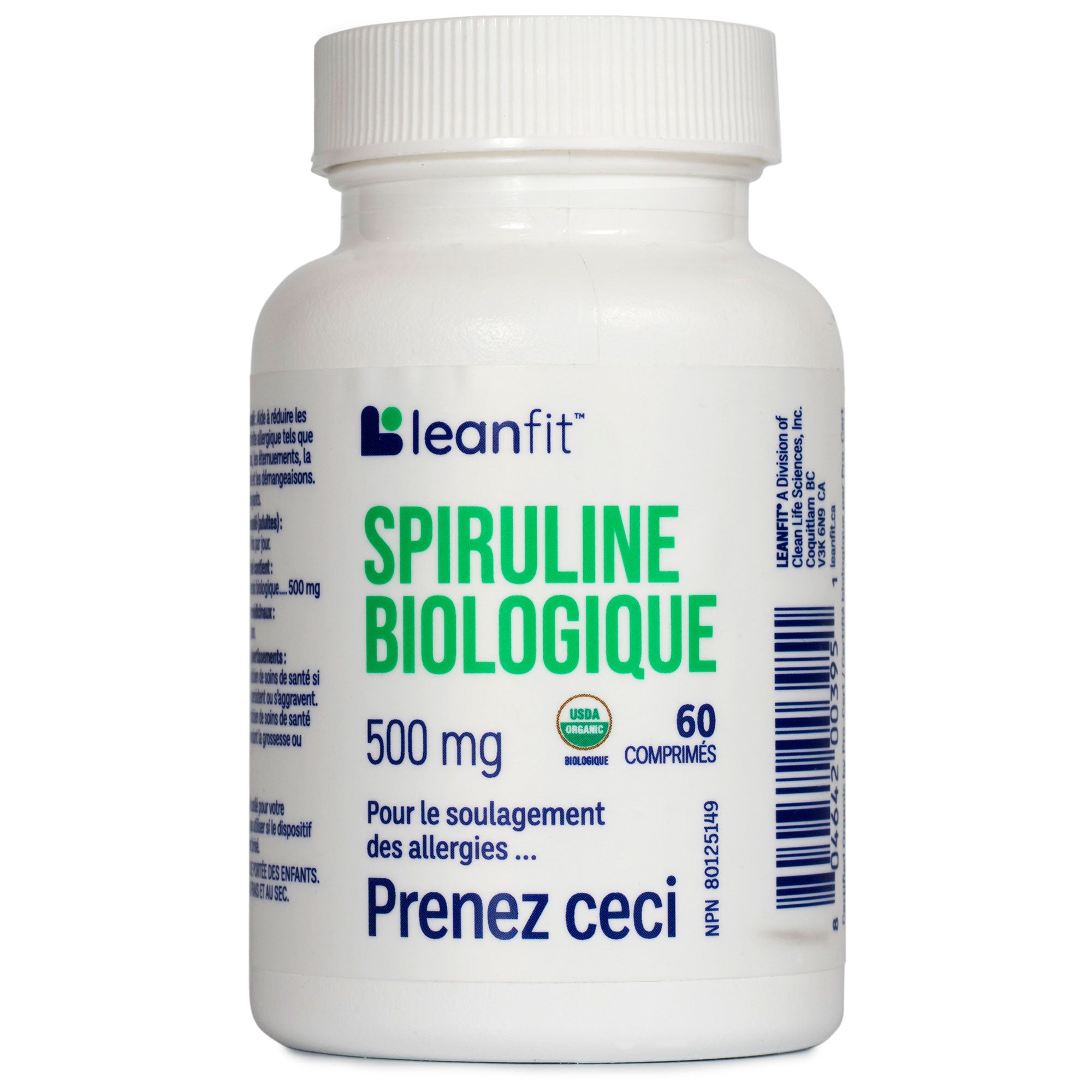 Spiruline biologique 500 mg — French label bottle (LEANFIT Organic Spirulina)
