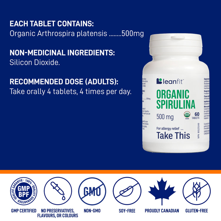 Each tablet contains organic spirulina (Arthrospira platensis) 500 mg; non-medicinal ingredients and adult recommended dose; organic & non-GMO icons
