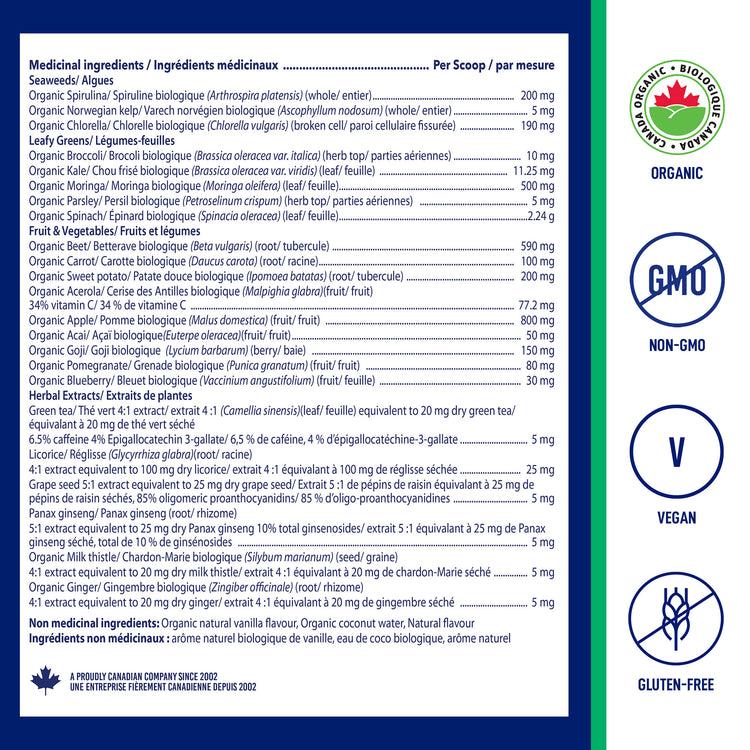 Ingredients and Nutrition Facts for LEANFIT Organic Super Greens — Natural (Unsweetened)
