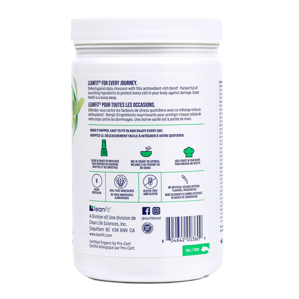 Side panel and barcode for LEANFIT Organic Super Greens — Natural (Unsweetened)

