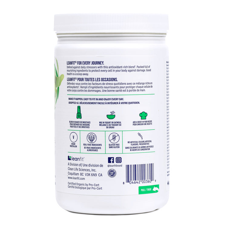 Side panel and barcode for LEANFIT Organic Super Greens — Natural (Unsweetened)
