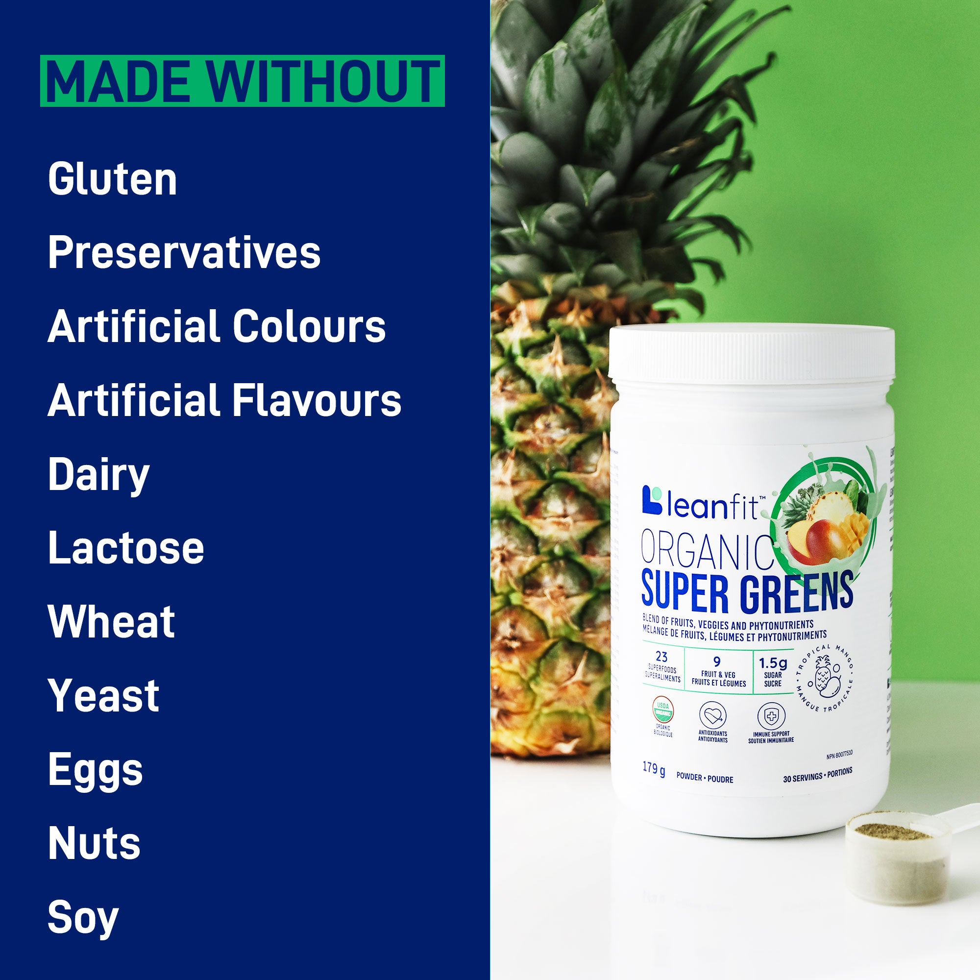 Made without gluten, preservatives, artificial colours or flavours, dairy, lactose, wheat, eggs, nuts, or soy
