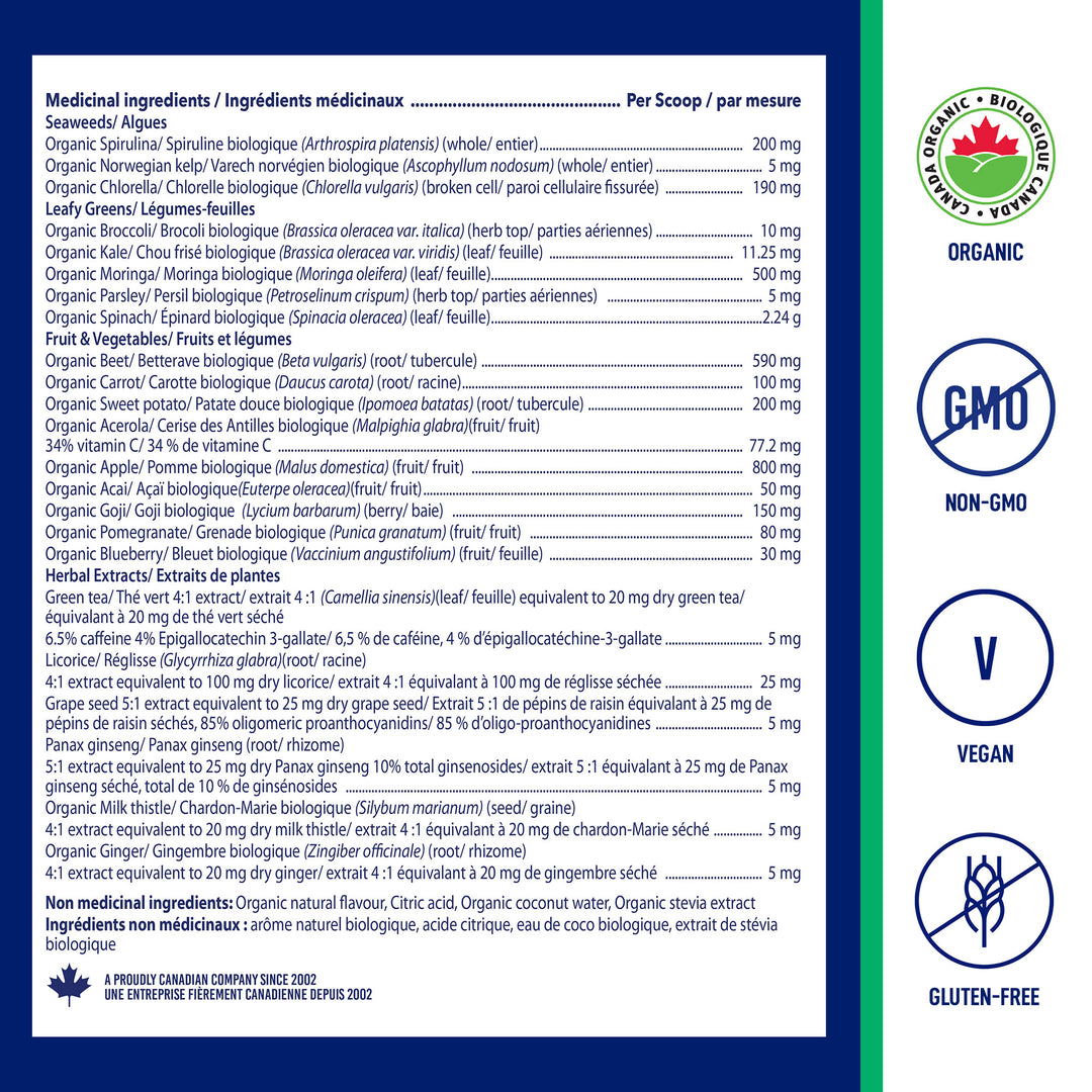 Ingredients and Nutrition Facts for LEANFIT Organic Super Greens — Tropical Mango
