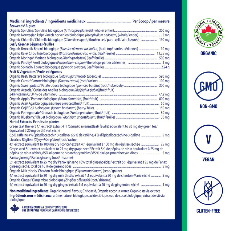 Ingredients and Nutrition Facts for LEANFIT Organic Super Greens — Tropical Mango
