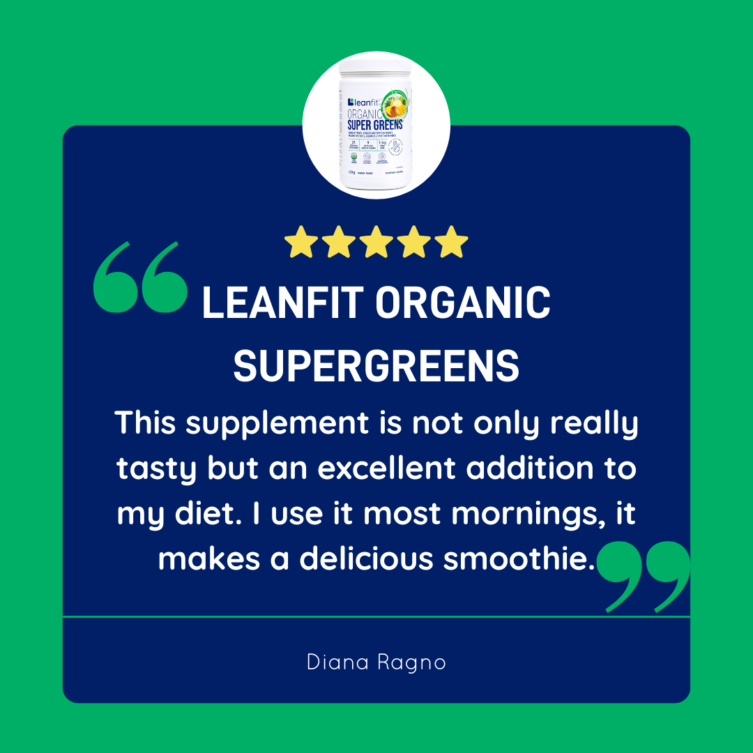 Customer review: “LEANFIT Organic SuperGreens is a tasty, excellent addition to my daily routine—love the clean ingredients.”

